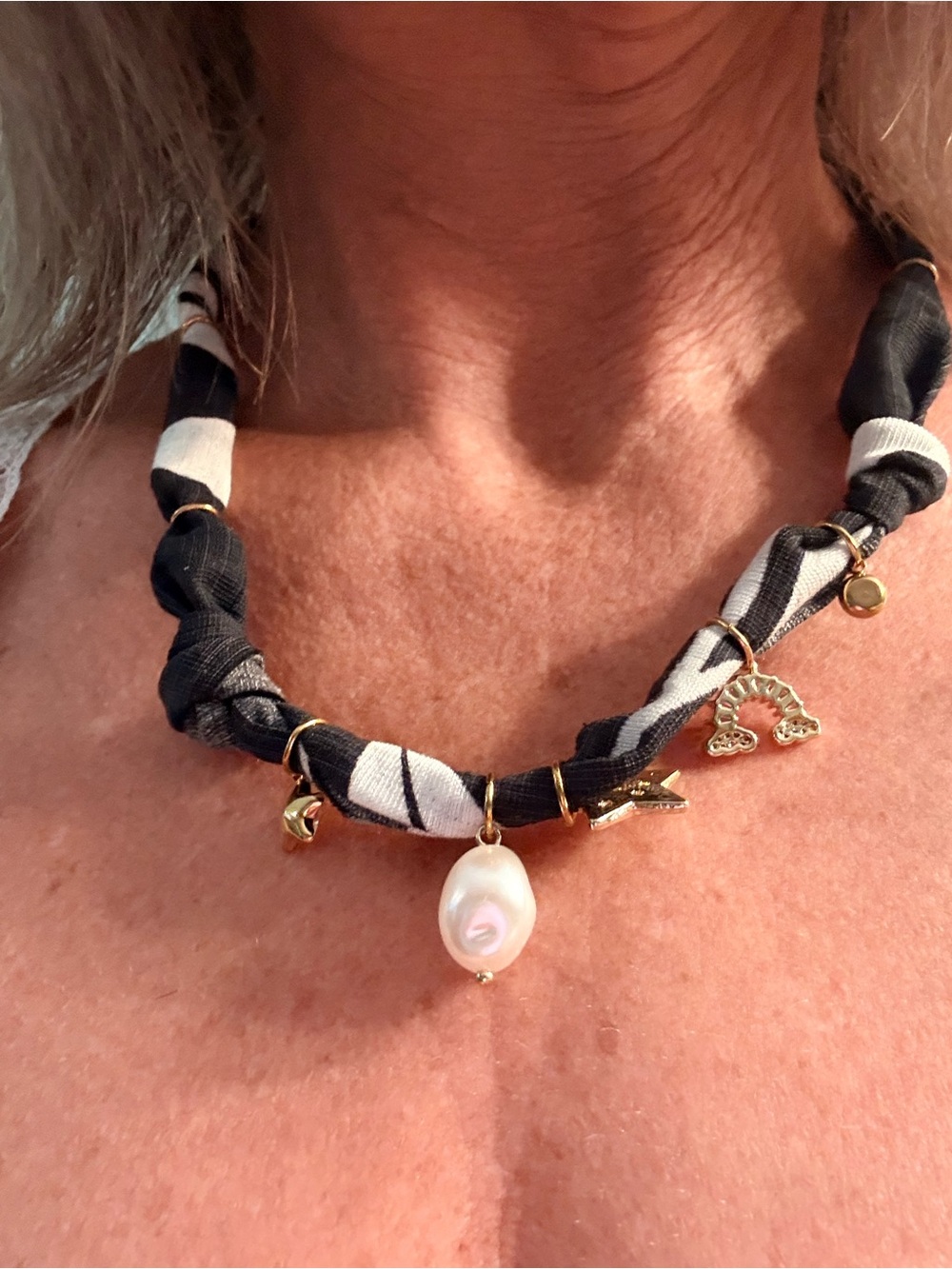 Hand-Tied Black Patterned Scarf Necklace with Gold Star Charm